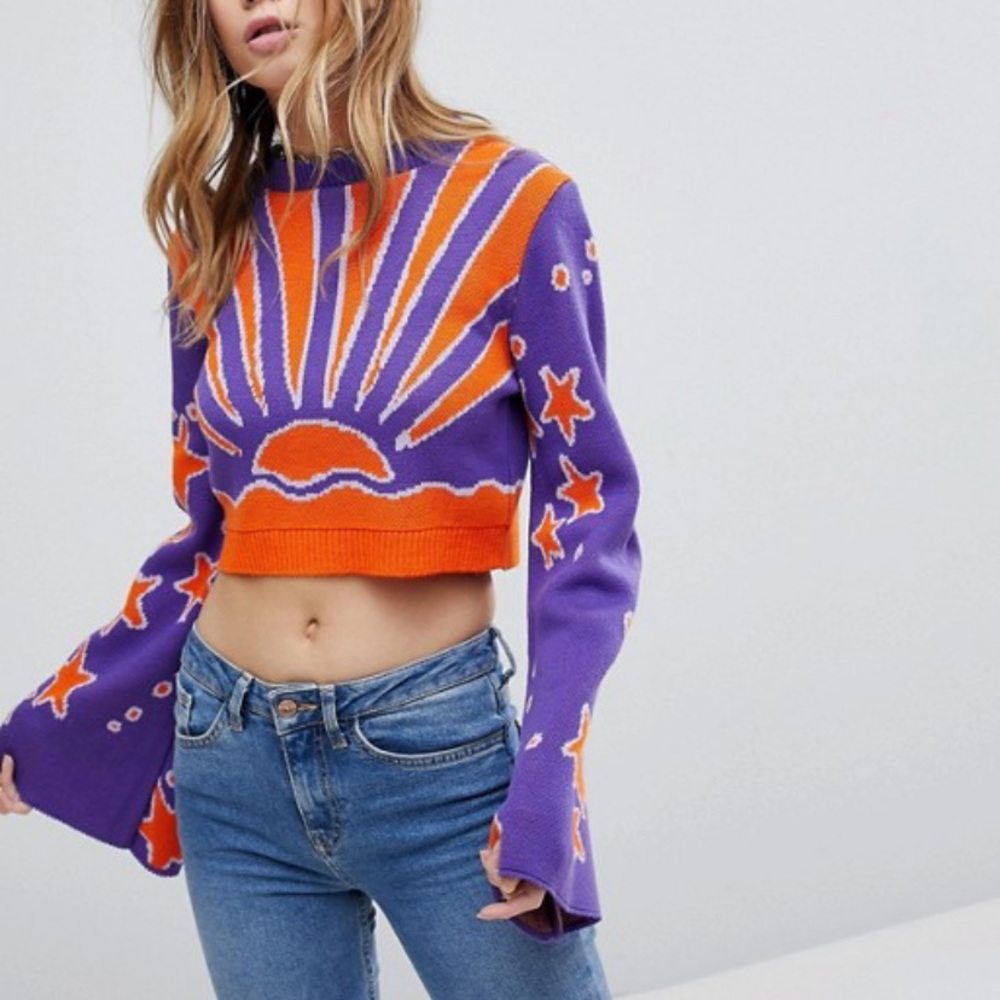 Rokoko purple orange sun sweater crop top